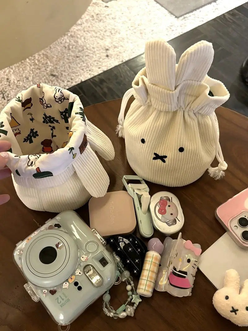 Miffy Corduroy Bundle Portable Large Capacity Storage Bag Makeup Bag Drawstring Handbag