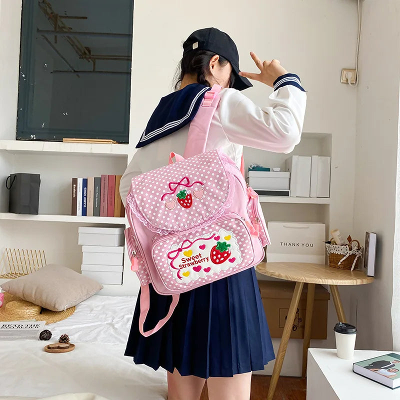 Pink Embroidery Strawberry Children's Schoolbag