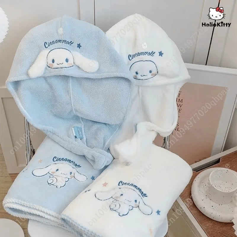 3pcs Sanrio Series Cinnamoroll Themed Embroidered Set Includes Hair Drying Cap Bath Towels