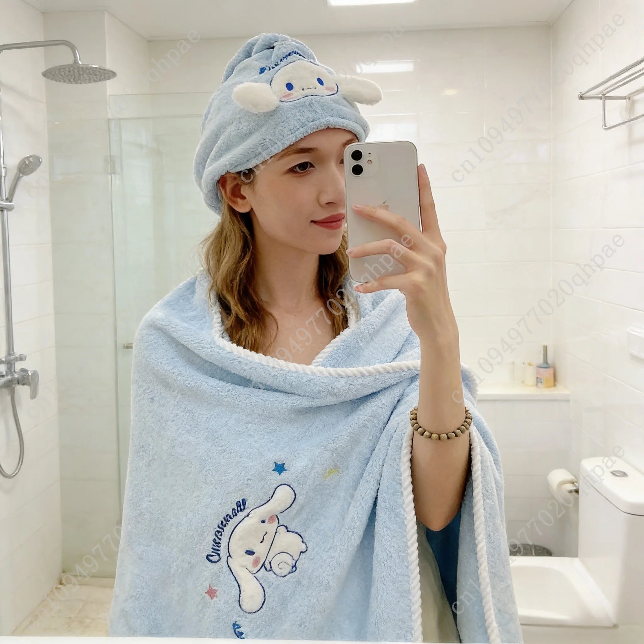 3pcs Sanrio Series Cinnamoroll Themed Embroidered Set Includes Hair Drying Cap Bath Towels