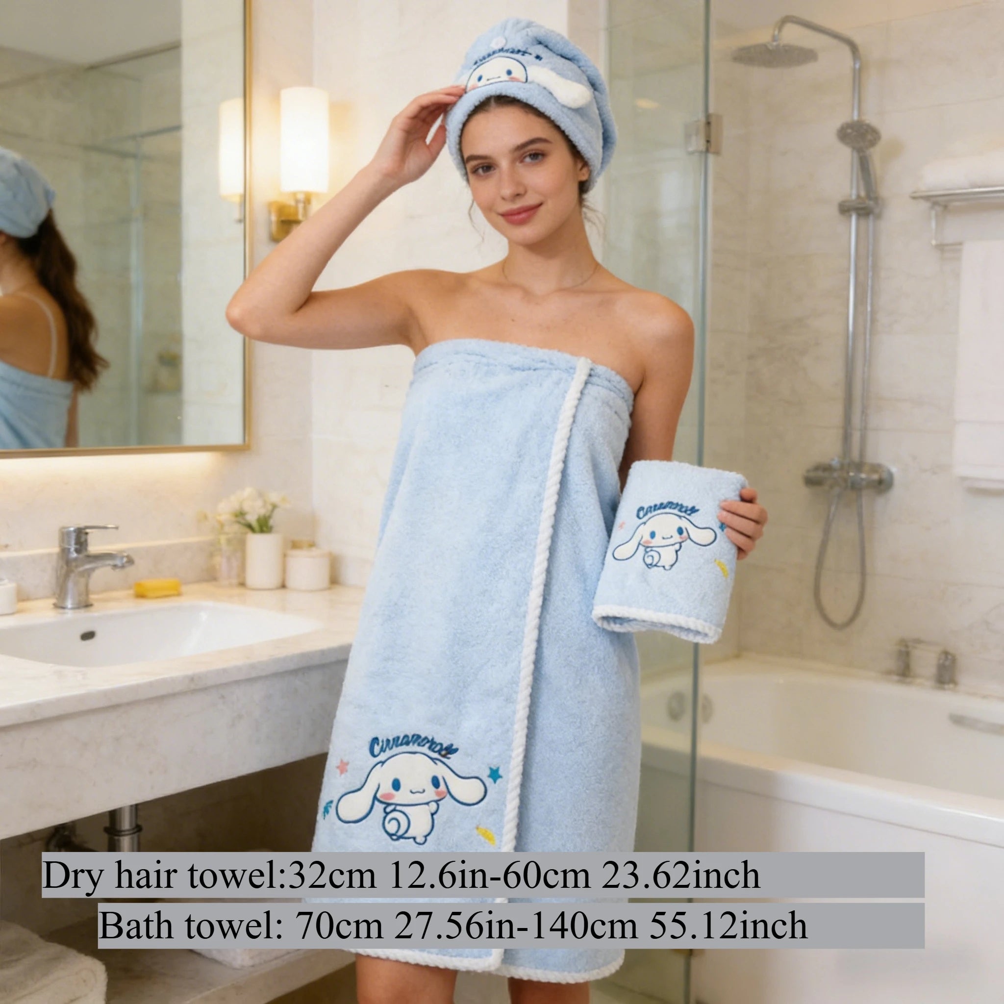 3pcs Sanrio Series Cinnamoroll Themed Embroidered Set Includes Hair Drying Cap Bath Towels