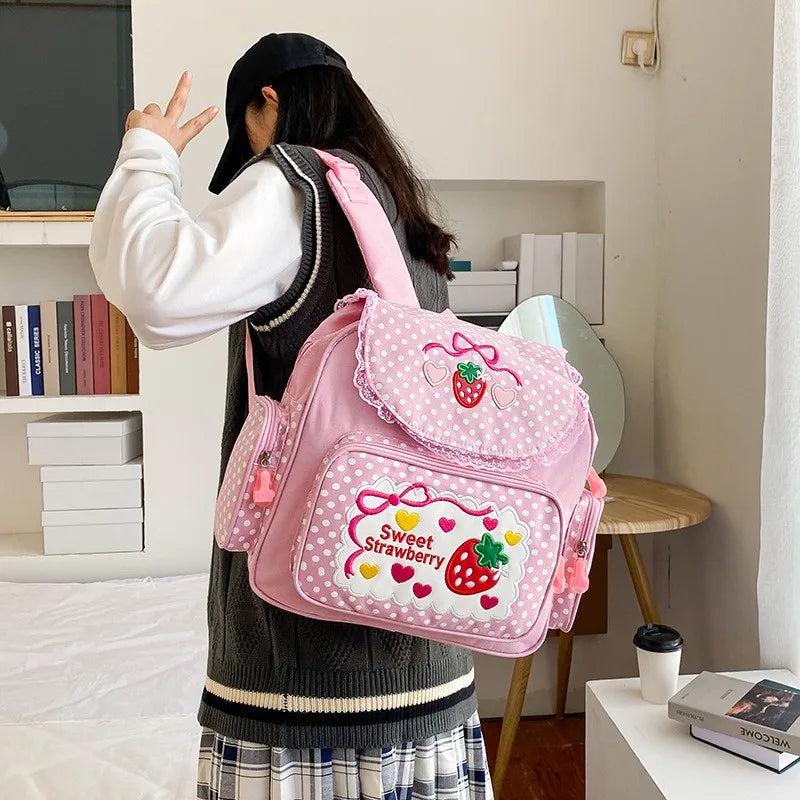 Pink Embroidery Strawberry Children's Schoolbag